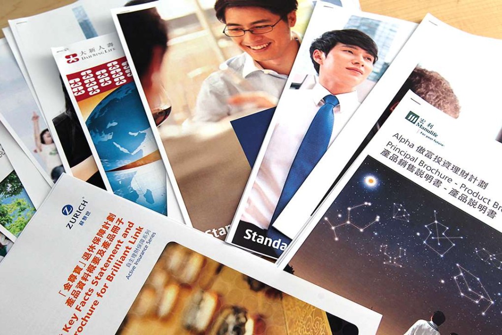 Different brochures from insurance companies and banks are displayed a Consumer Council press conference in North Point. Photo: Dickson Lee