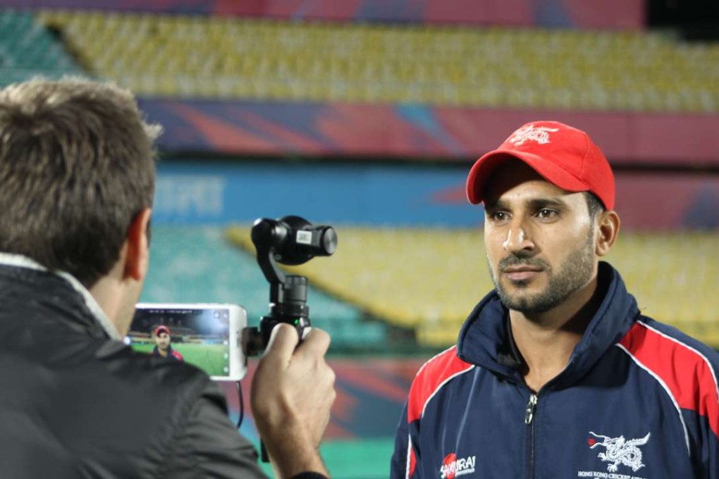 Hong Kong captain Tanwir Afzal is interviewed ahead of the ICC T20 World opener against Zimbabwe in Nagpur, India. Photo: HKCA.