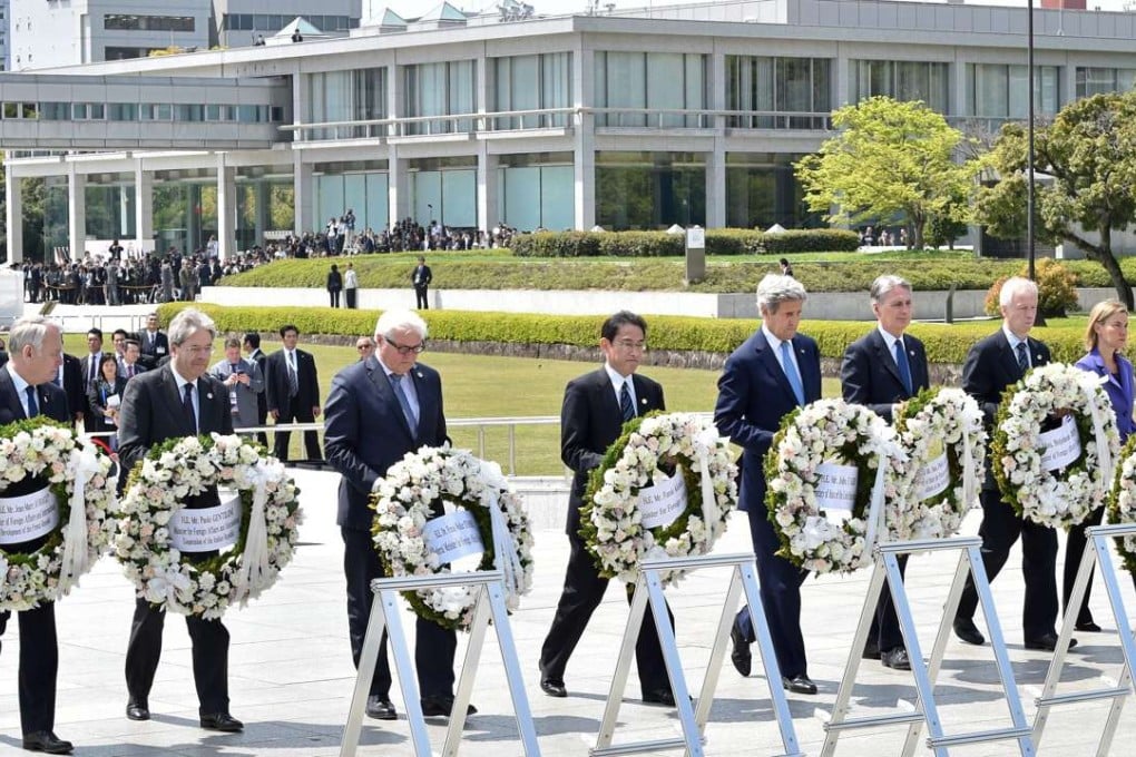 Foreign ministers from the Group of Seven advanced economies place wreaths at the cenotaph for the Atomic Bomb Victims at the Hiroshima Peace Memorial Park, in Hiroshima, Japan, on Monday. Photo: EPA