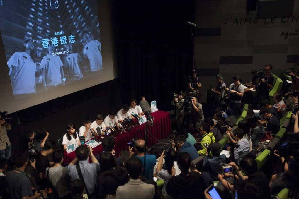 At its press conference, newly formed political party Demosisto says it will push for a popular referendum on Hong Kong’s future, which will include asking people if Hong Kong should split from China. Photo: AFP