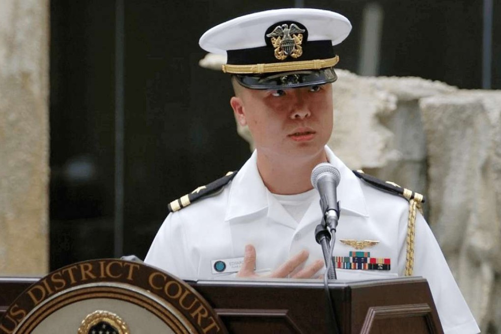 In this December 3, 2008, photo released by the US Navy, then-Lieutenant Edward Lin, a native of Taiwan speaks at his naturalisation ceremony in Honolulu. Photo: AP