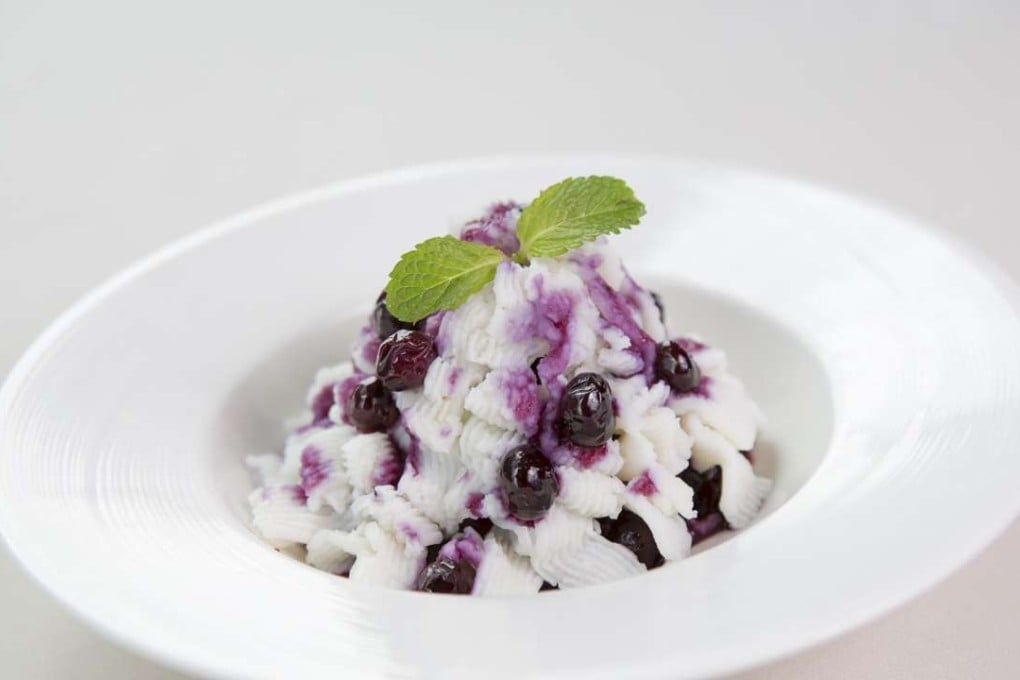 Mashed fresh yam with blueberry sauce, one of the starters prepared by Beijing chefs at Dong Lai Shun in Causeway Bay.