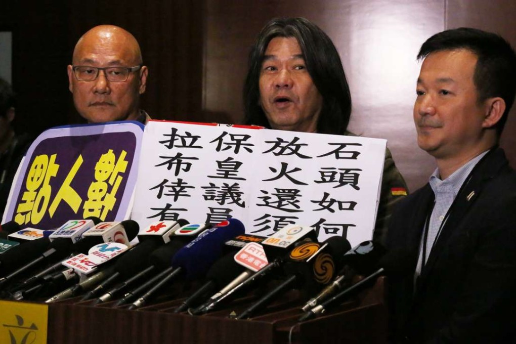 Albert Chan Wai-yip (left), "Long Hair" Leung Kwok-hung, and Raymond Chan Chi-chuen addressing the media after a Legco meeting on the copyright bill in January. Photo: Nora Tam
