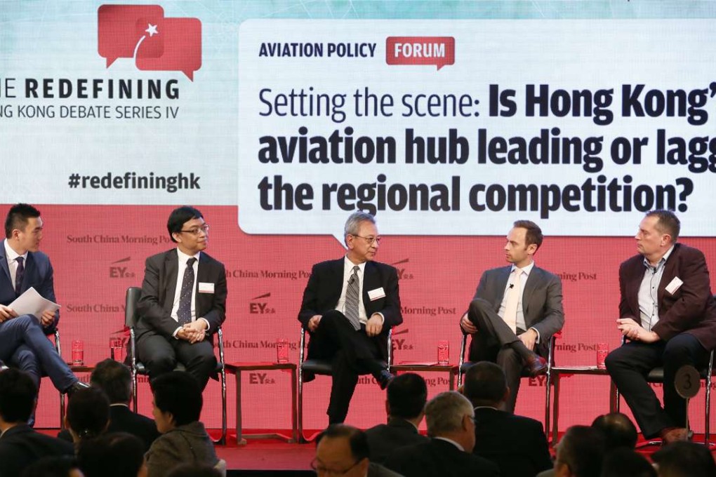 (L-R)SCMP Journalist Danny Lee; Cathay Pacific Airways Corporate Affairs Director James Tong; Legislator Frankie Yick; Citigroup Citi Research Infrastructure & Logistics Research Asia Pacific Transportation Vice President Michael Beer; and HK Express Chief Executive Officer Andrew Cowen; attend Redefining Hong Kong Debate Series - Aviation Policy at the JW Marriott in Admiralty. Photo: Jonathan Wong