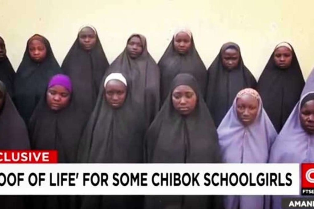 A CNN image from a “proof of life” video showing some of the Chibok schoolgirls, seized by Boko Haram militants in Nigeria two years ago. Photo: CNN