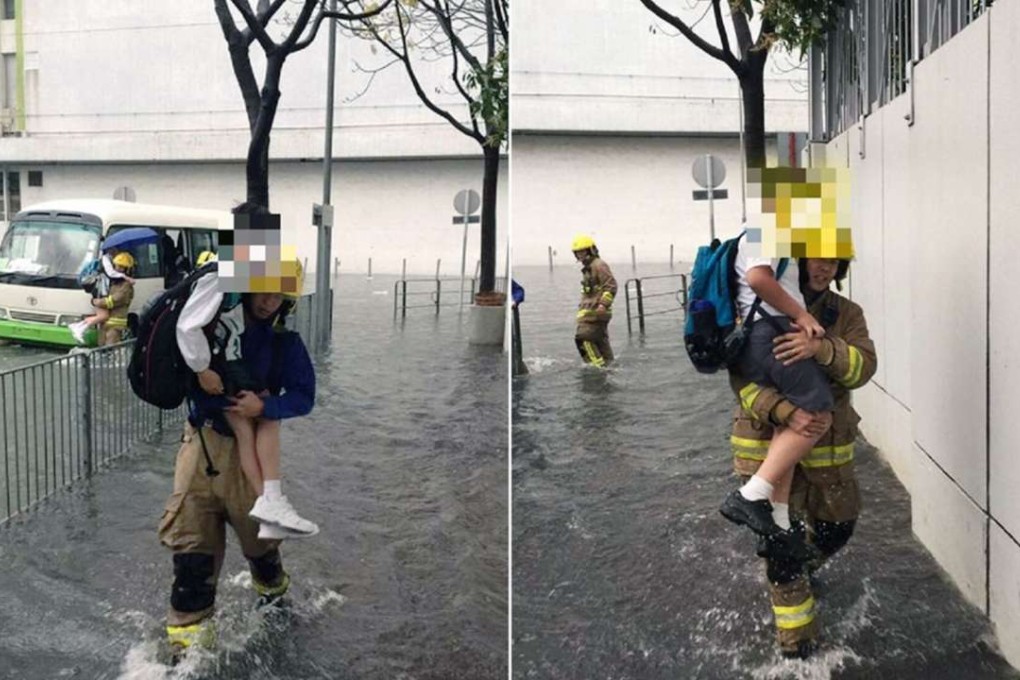 A picture on Facebook shows a fireman carrying a student from a broken-down school bus. Photo: SCMP Pictures