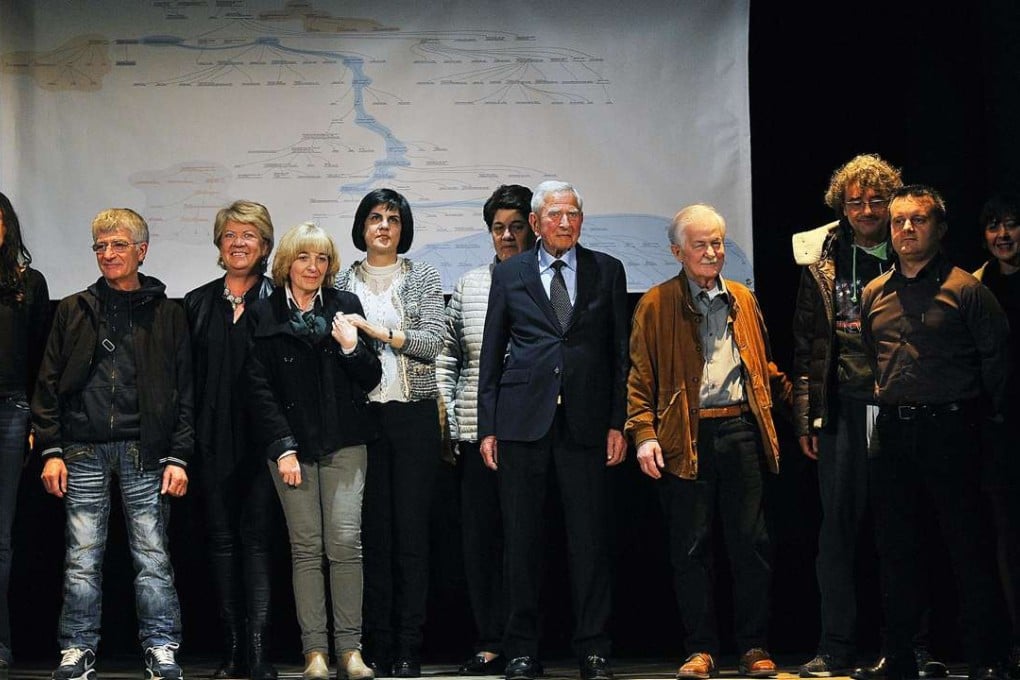 Descendants of Leonardo da Vinci pose at the theatre of Vinci, near Florence, on Thursday. Photo: AP