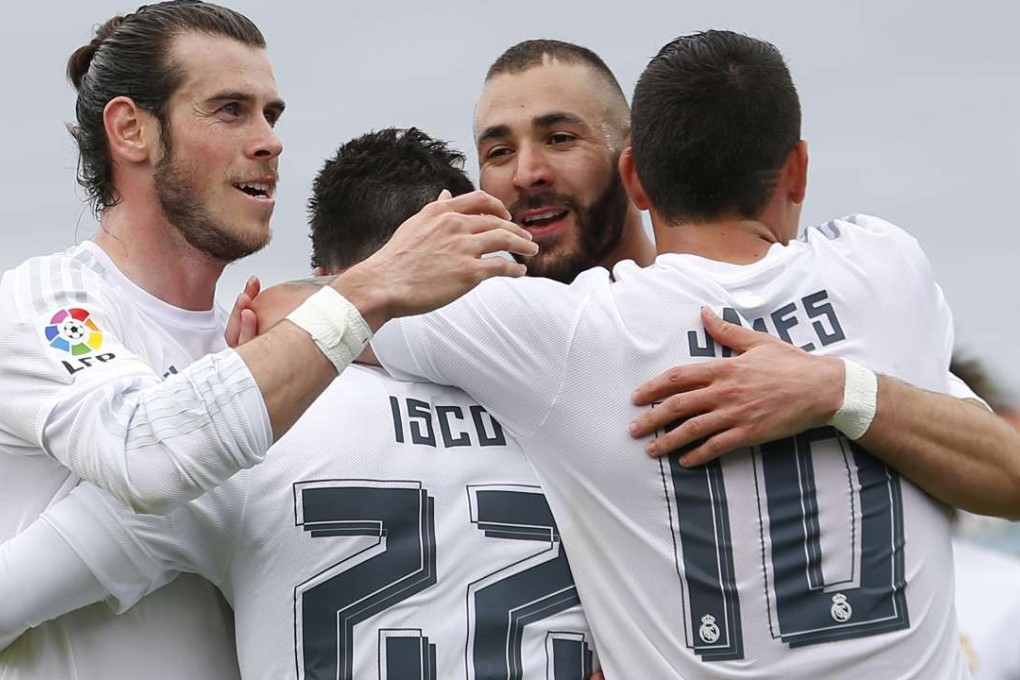 Real Madrid's Gareth Bale, Isco, Karim Benzema and James Rodriguez celebrate. Photo: AP