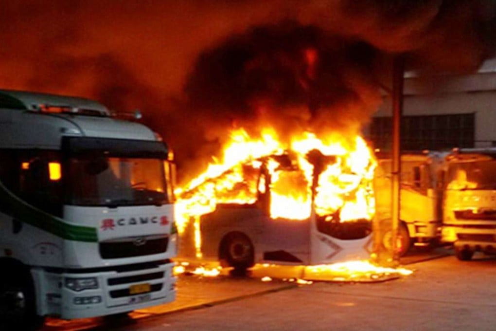 The bus went up in flames at a parking site in Yuen Long. Photo: Facebook