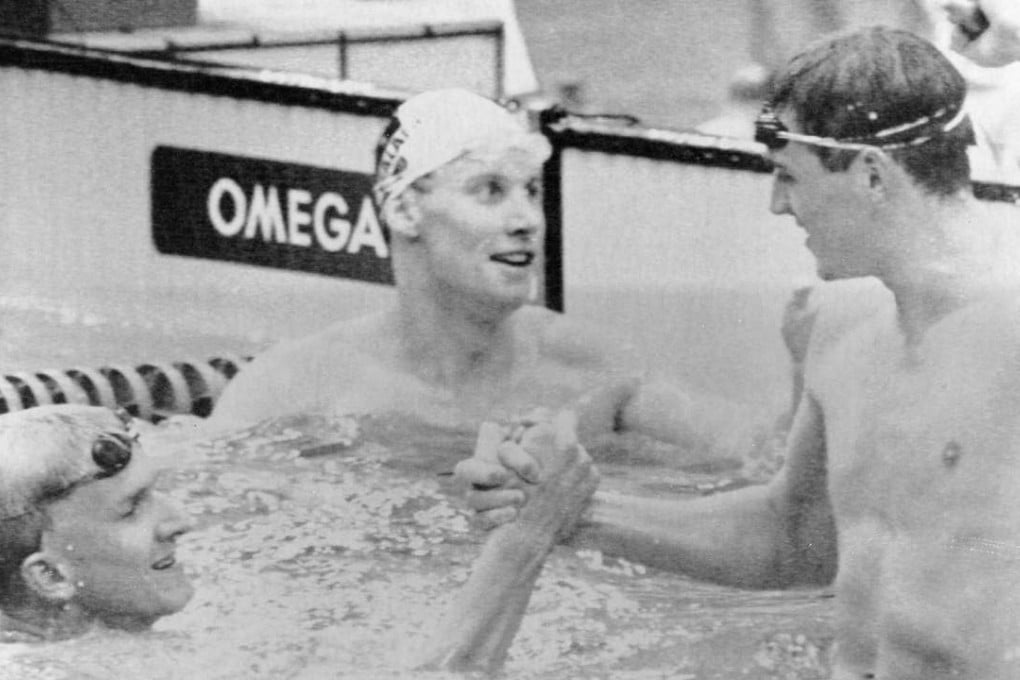 Michael Gross, Anthony Mosse and Benny Nielsen after the men’s 200m butterfly final at the 1988 Seoul Olympic Games. Photo: Reuters