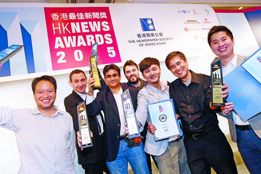 SCMP winners at the event (from left) Dickson Lee, Mark Sharp, Debasish Roy Chowdhury, Alberto Lucas Lopez, Phila Siu, K. Y. Cheng and Chris Lau. Photo: David Wong