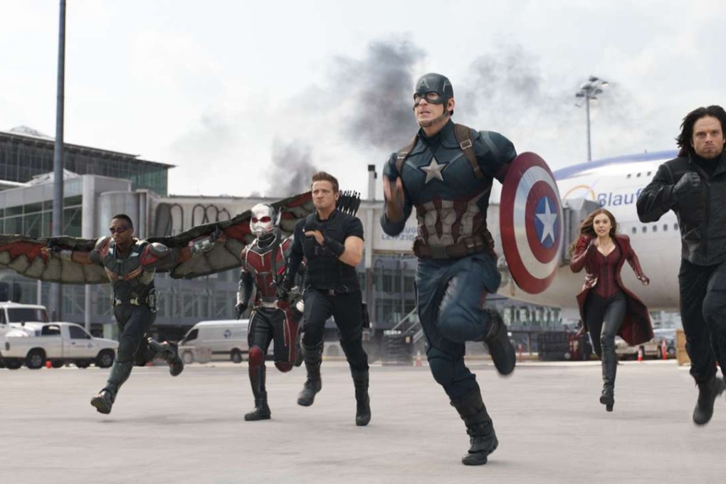 Chris Evans’ Captain America (third from right) leads a team of Avengers who deny control by the UN in a still from Captain America: Civil War (category IIA) directed by Anthony Russo and Joe Russo.