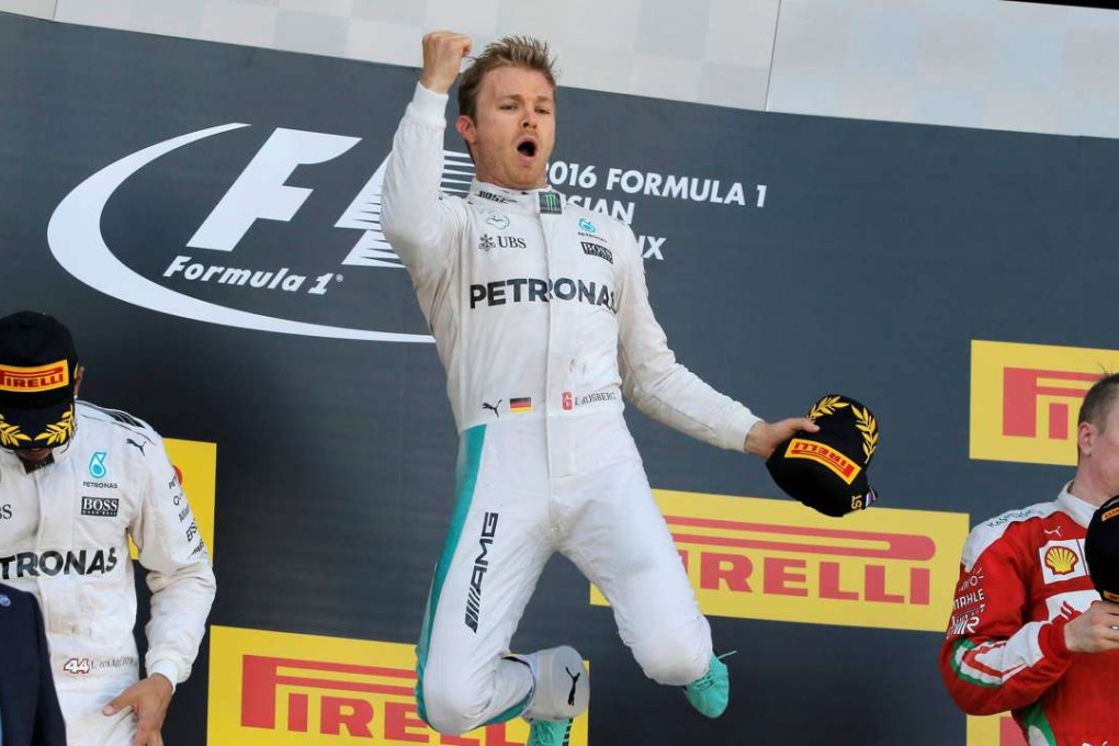Mercedes driver Nico Rosberg jumps for joy on the podium after winning the Russian Grand Prix in Sochi. Photo: Reuters