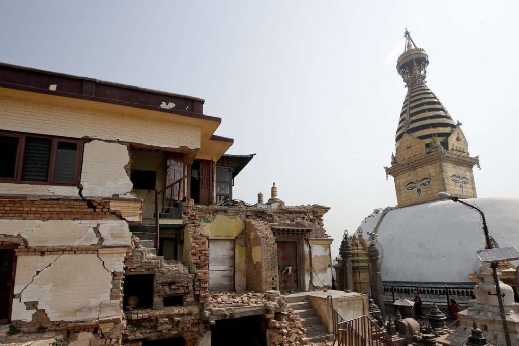 The grounds of Swayambhunath Stupa, a UNESCO world heritage site, still shows damage from the 2015 earthquake one year later. Photo: EPA