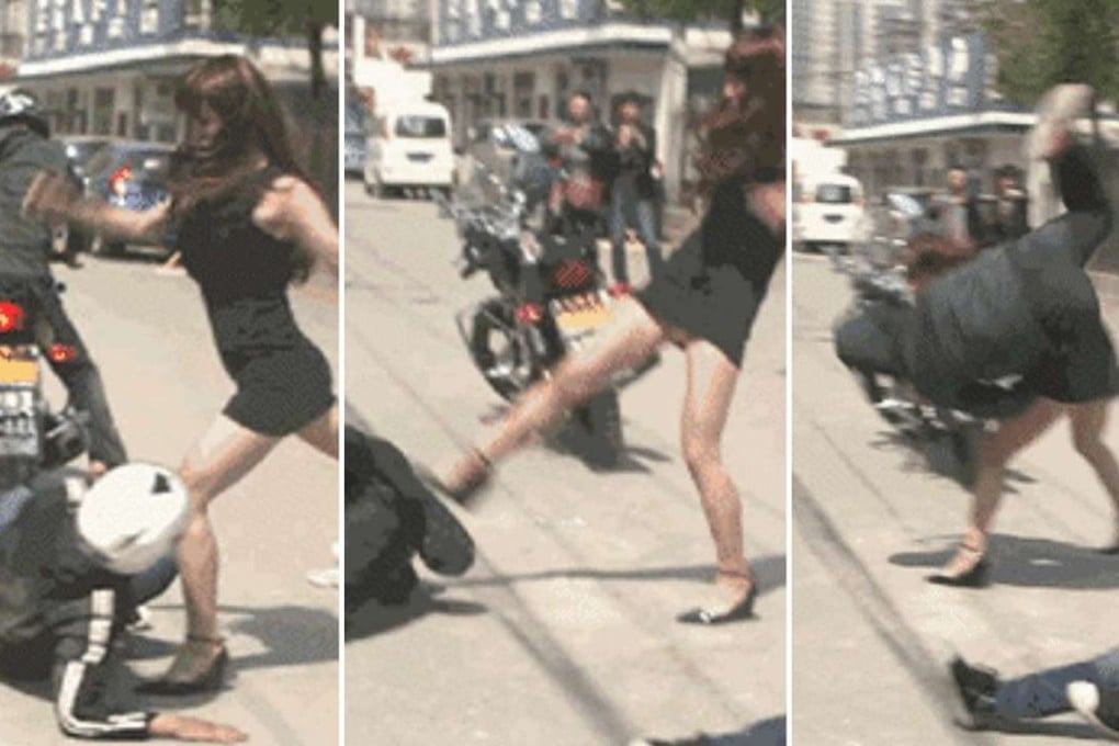 Screen grabs from a video, posted by China’s Ministry of Public Security, which apparently show a woman fighting off two suspected thieves. Photos: Qq.com