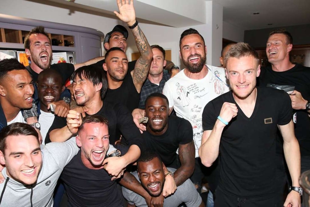 Leicester’s players celebrate at Jamie Vardy’s house. Photo: Leicester City
