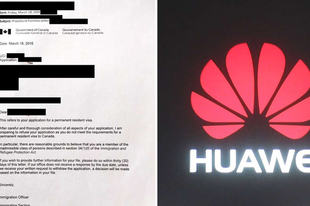 A ‘procedural fairness letter’ (left) from Canada’s Consulate General in Hong Kong, dated March 18, informs a Chinese immigration applicant that they face rejection on the basis of suspicion that they are inadmissible under section 34 (1) (f) of Canada’s immigration act, the section that bars people suspected of espionage, subversion or terrorism. The SCMP has agreed to redact identifying portions of the letter. Photo: SCMP Picture