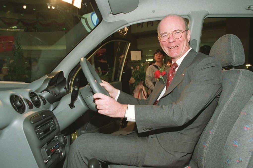 A file photo dated January 30, 1999 showing James Hughes-Hallett, then deputy chariman of Swire Pacific, demonstrating product related to a tie up between Hyundai and Swire Pacific. Photo: SCMP Pictures