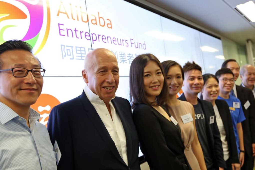 Billion dollar smiles as bosses from YEECHOO, Shopline and GoGoVan meet with Alibaba Group Executive Vice Chairman Joe Tsai (left) and Allan Zeman and board director of Alibaba Hong Kong Entrepreneurs Fund (second left). Each company has received a share of an investment fund to help them grow.