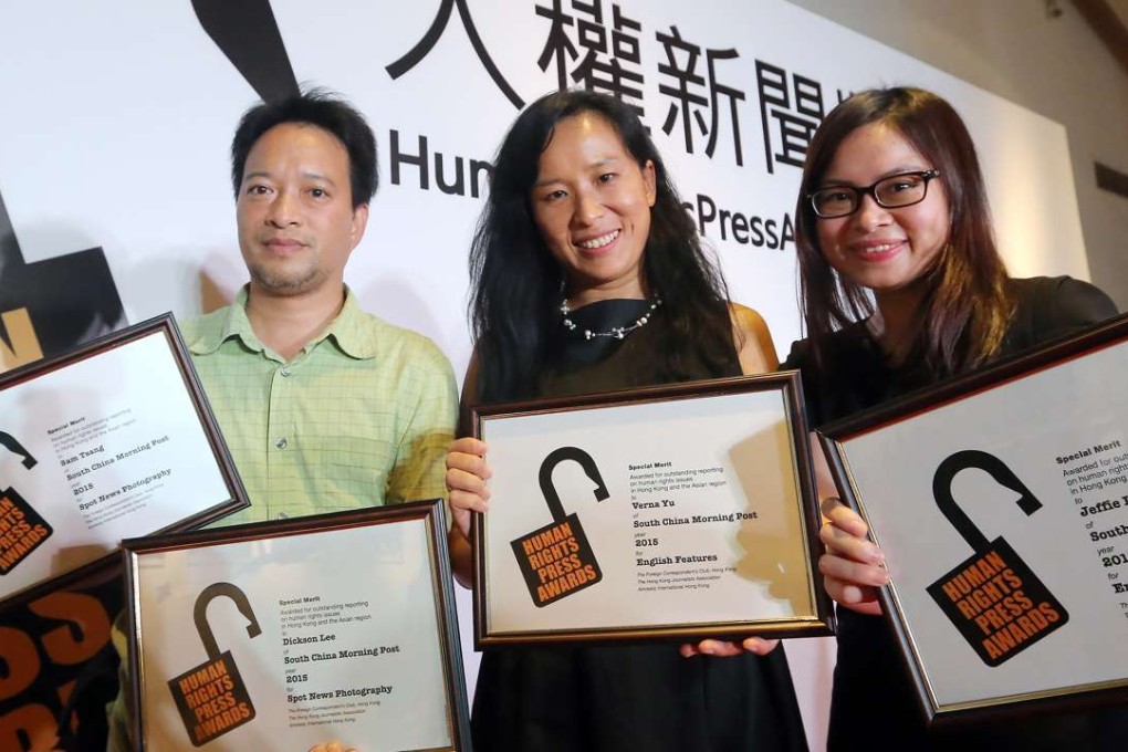 Post photographer Dickson Lee, Verna Yu (centre) and Jeffie Lam with their awards. Photo: Felix Wong