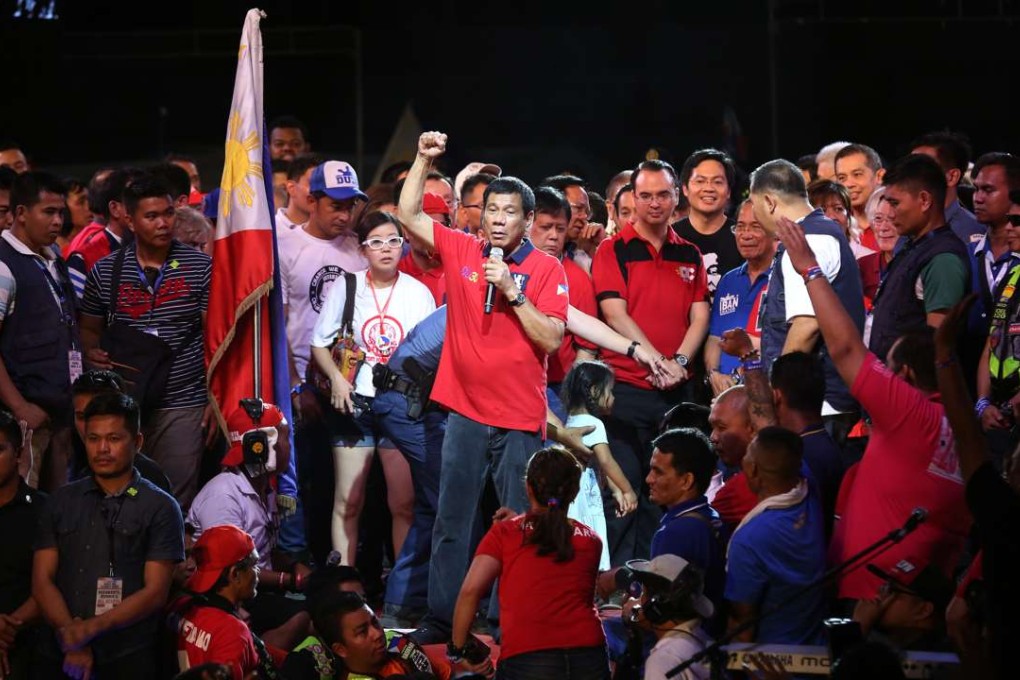 Rodrigo Duterte speaks at a campaign rally in Manila, two days before voting began. Photo: AP