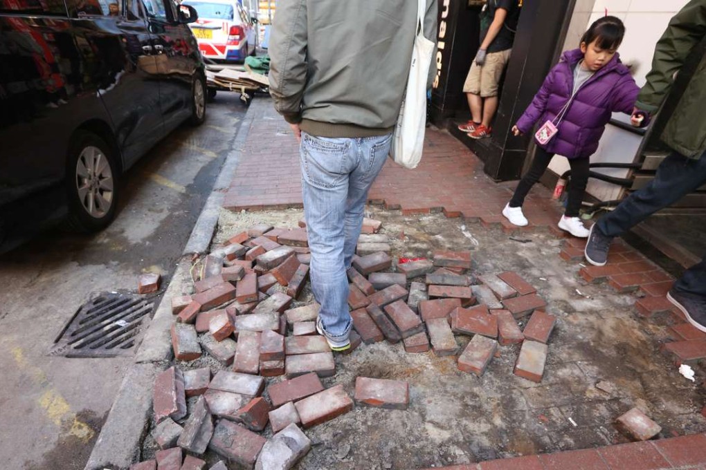 A pavement broken up during the riot in Mong Kok in February. Photo: Nora Tam