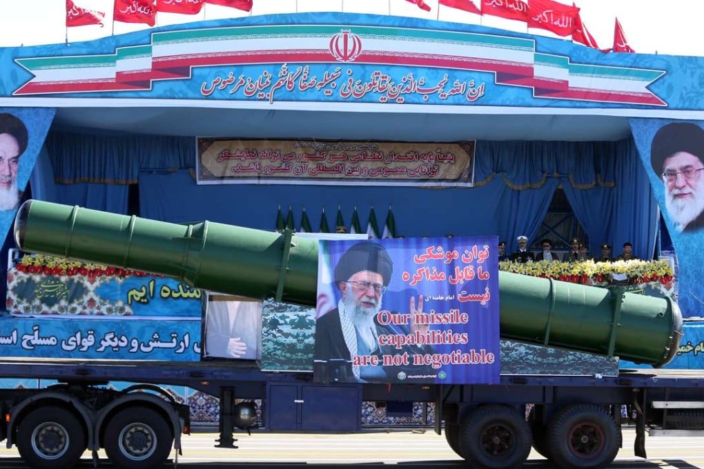 Components of a long-range missile are displayed by Iran's army during a parade marking National Army Day outside Tehran on April 17. Photo: AP