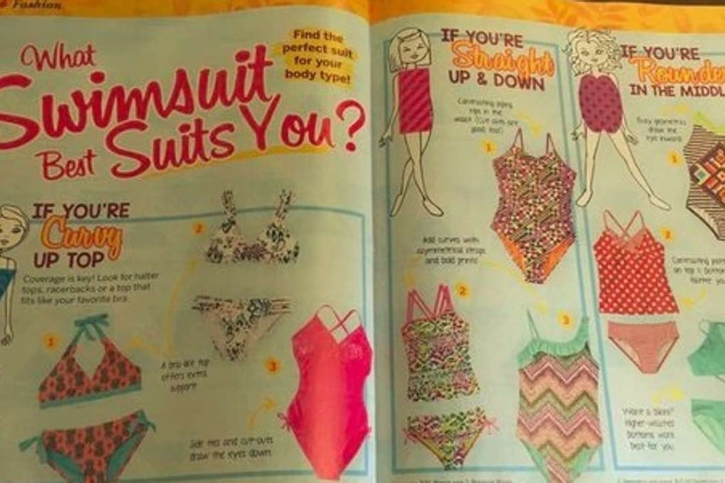 The swimsuit feature published by “Discovery Girls” included hints on how to look good depending on body types, including those who were “curvy up top”. The magazine is aimed at girls aged eight to 12. Photo: Twitter / @taffyakner