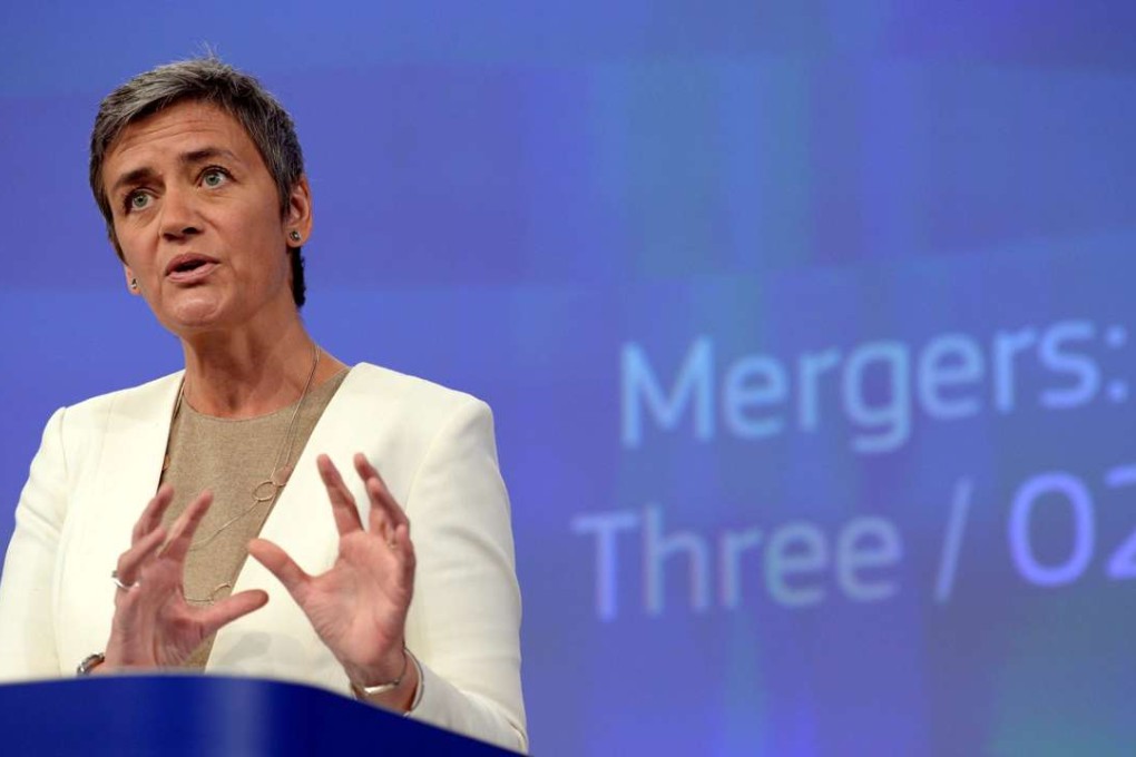 European Union Commissioner for Competition Margrethe Vestager talks to the media after the EU Commission prohibited Hutchison's proposed acquisition of Telefonica UK. Photo: AFP