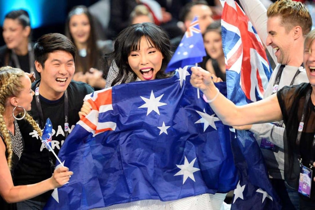 Dami Im representing Australia celebrates as she advances to the grand final, after qualifying in the second semi-final of the Eurovision Song Contest 2016 in Stockholm, Sweden, on May 12, 2016. Photo: AFP