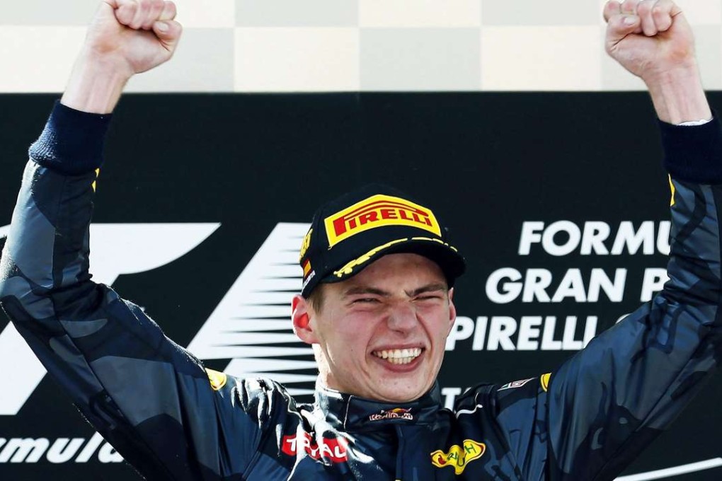 Red Bull's Max Verstappen celebrates being the youngest ever Formula One grand prix winner, in Spain. Photo: EPA