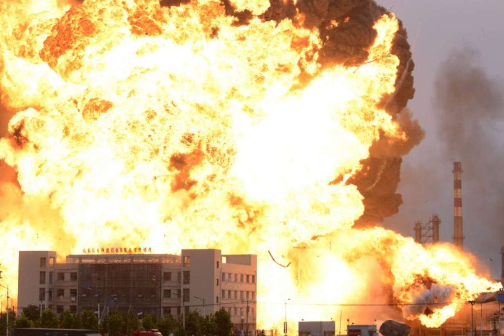 A petrochemical plant is engulfed in flames of fire in Rizhao in eastern China’s Shandong province. Photo: AP