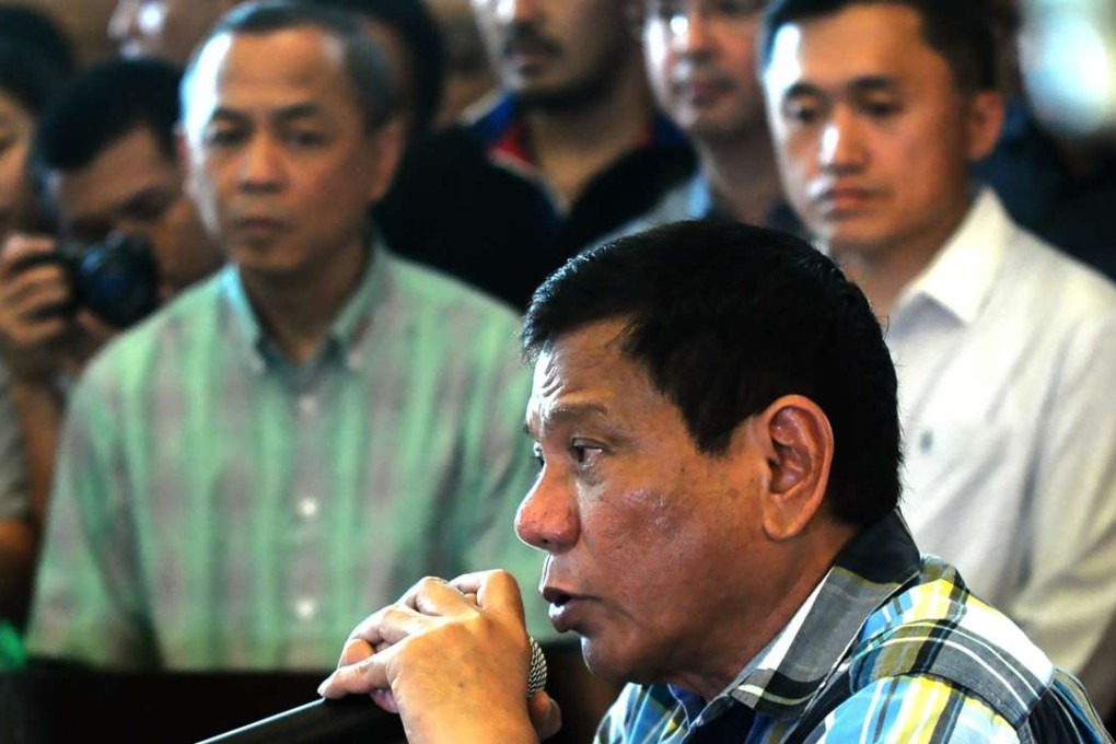 Presumptive Philippine president-elect Rodrigo Duterte speaks during a press conference in Davao Province, the Philippines, May 16, 2016. Photo: Xinhua