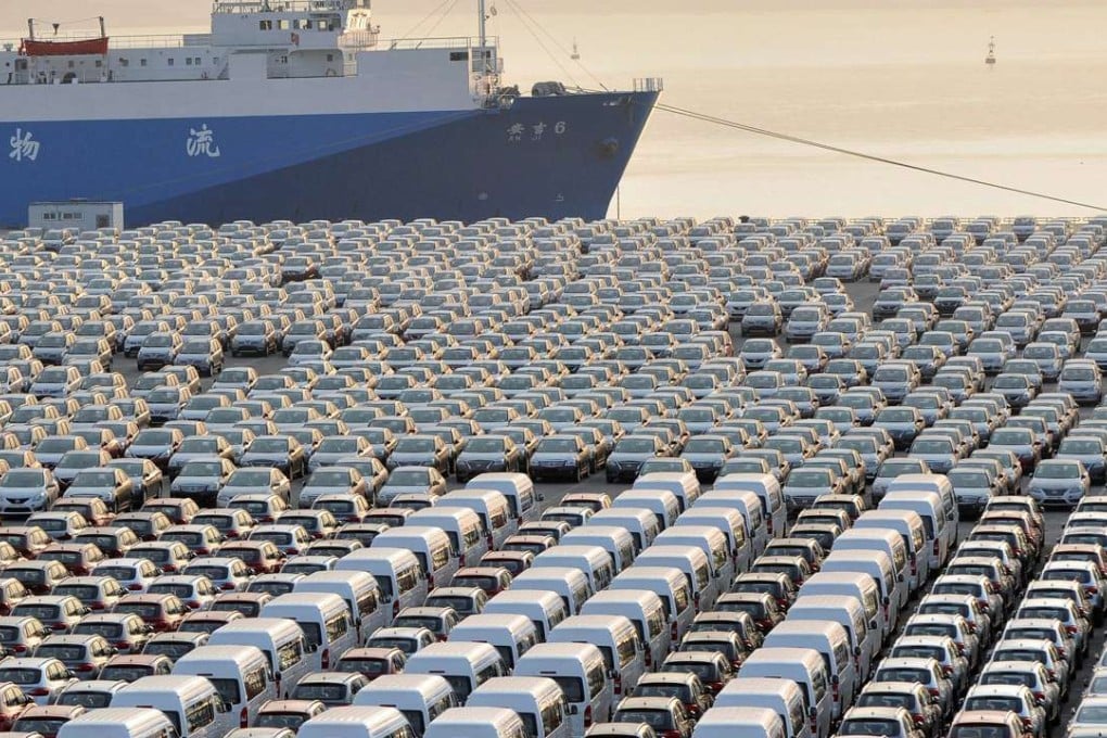 Chinese cars wait for export at a port in Dalian, Liaoning province. Photo: Reuters