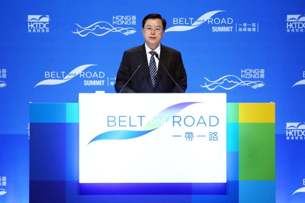 Zhang Dejiang addressing a crowd comprising overseas officials at the Belt and Road summit. Photo: Sam Tsang