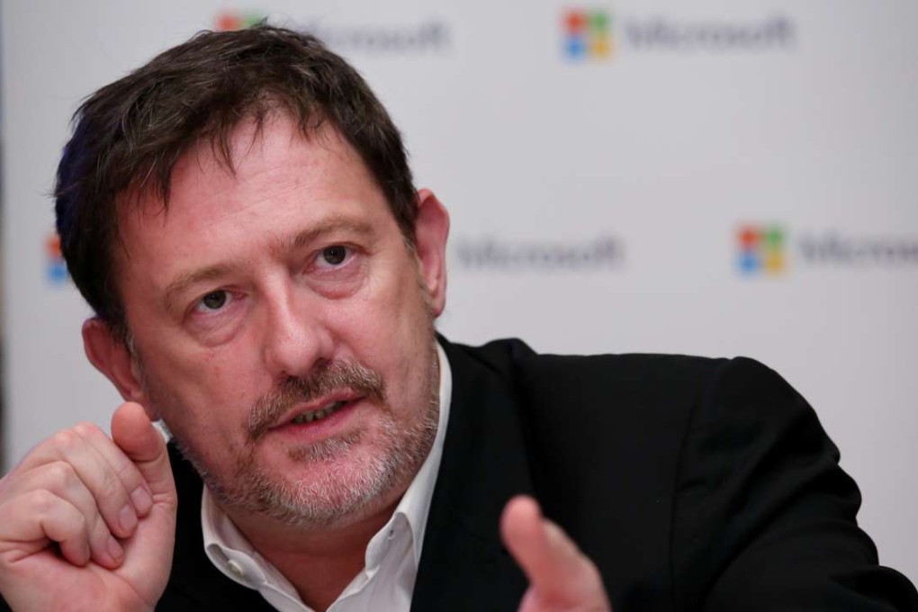 Pierre Noel, chief security officer, Asia, Enterprise Cybersecurity Group, Microsoft, announces research findings on cyber security on May 17, 2016. Photo: Nora Tam