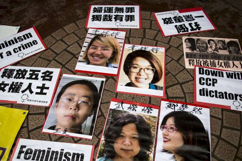 Portraits of China’s Feminist Five displayed during a protest in Hong Kong in April 2015 calling for thier release from detention. Photo: Reuters