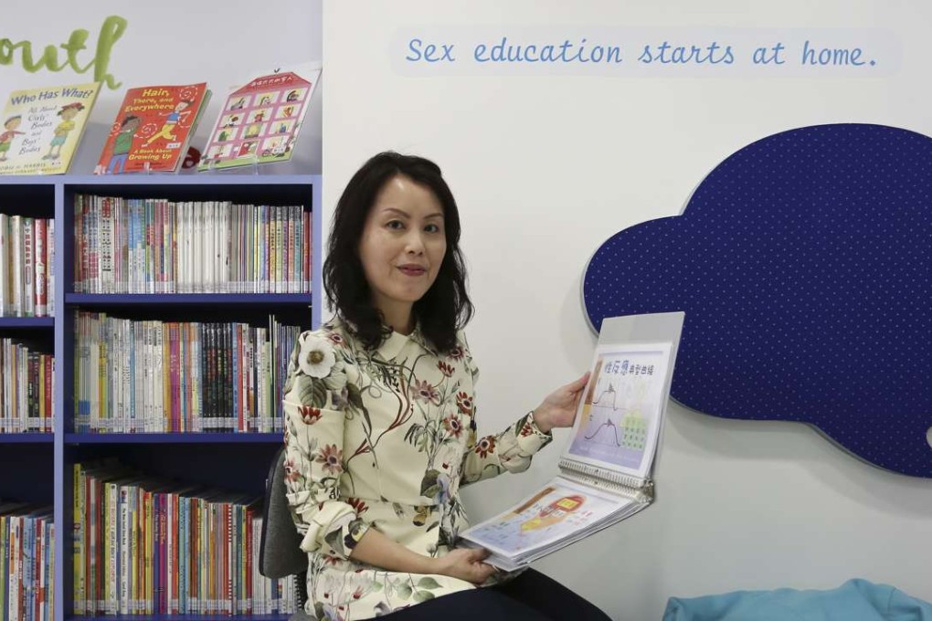 Grace Lee of the Family Planning Association of Hong Kong. Sex education begins at home, says the slogan on the wall behind her. Photo: Jonathan Wong