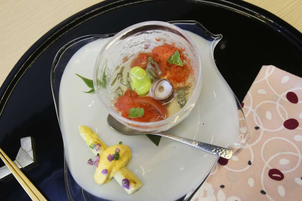 Grilled white asparagus with egg yolk sauce, white asparagus pudding with octopus, mozzarella cheese and tomato sorbet at Gensui in Causeway Bay. Photos: David Wong