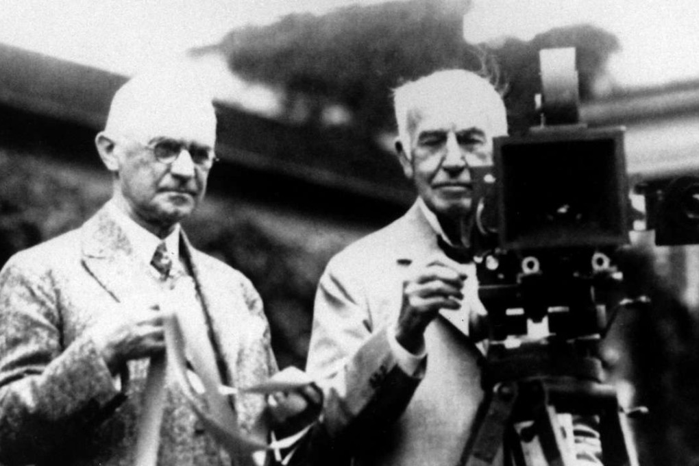 Thomas Edison (right) with Eastman Kodak Co founder George Eastman and one of his inventions. Photo: AP