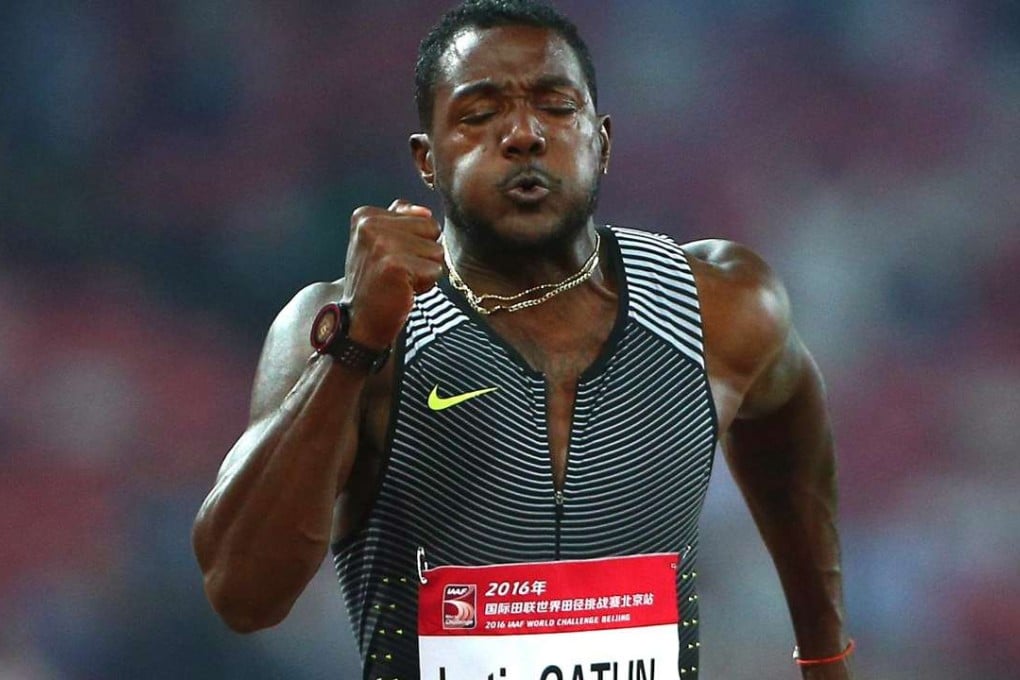 Justin Gatlin powers to the line in the men’s 100m final of the IAAF World Challenge. Photo: EPA