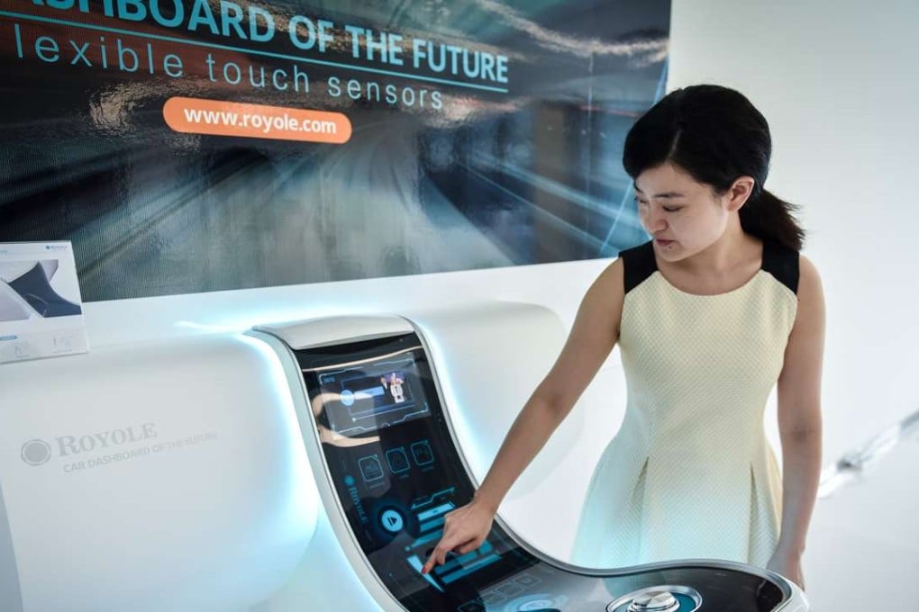 A car dashboard that uses flexible sensor technology is displayed at the headquarters of Royole Technology in Shenzhen in Guangdong province. Photo: Xinhua
