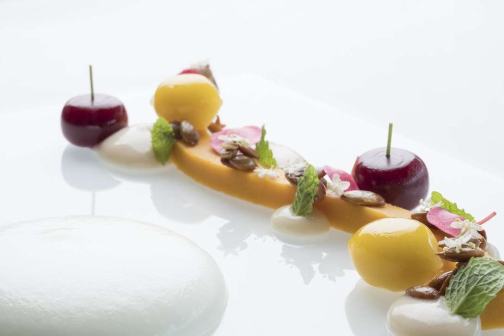 Sambiki-pumpkin cake with caramelised pumpkin seed and soya gel at Blanco par Mandif restaurant in Bali, Indonesia. Photo: courtesy of Blanco par Mandif