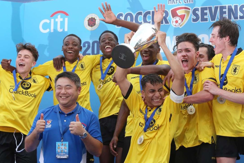Aston Villa players celebrate winning the main cup final at the HKFC Citi Soccer Sevens. Photos: K. Y. Cheng