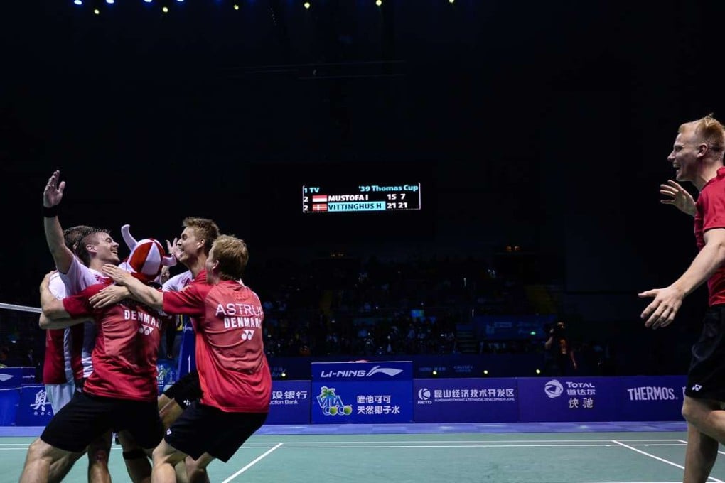 Danish players celebrate after winning a historic first Thomas Cup, in Kunshan, China. Photo: Xinhua