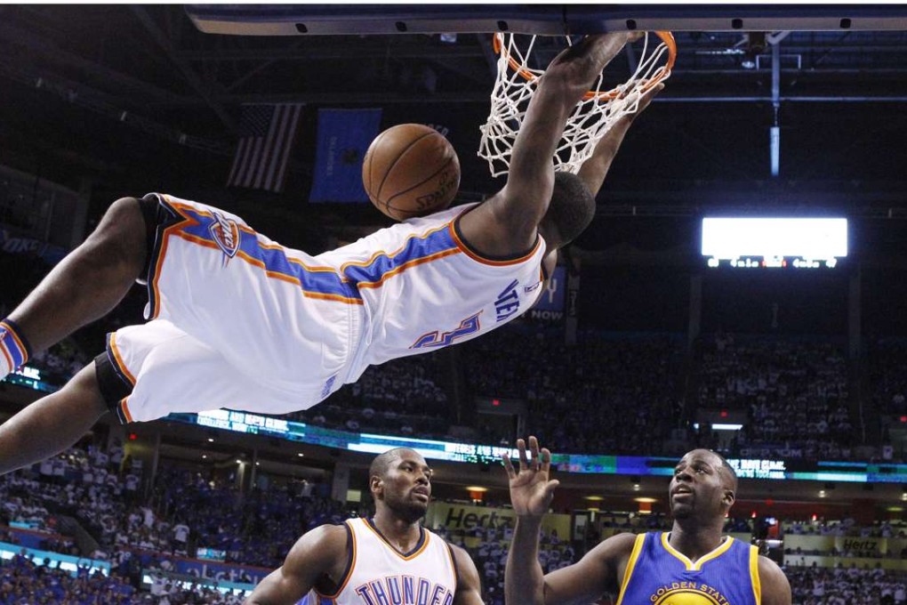 Oklahoma City Thunder guard Dion Waiters dunks against the Golden State Warriors during the first half of game three. Photo: AP