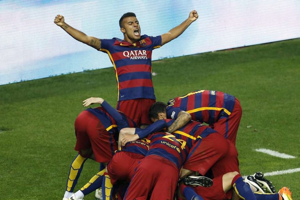 Barcelona players celebrate Jordi Alba’s goal in extra-time of the Spanish King's Cup final. Photo: EPA
