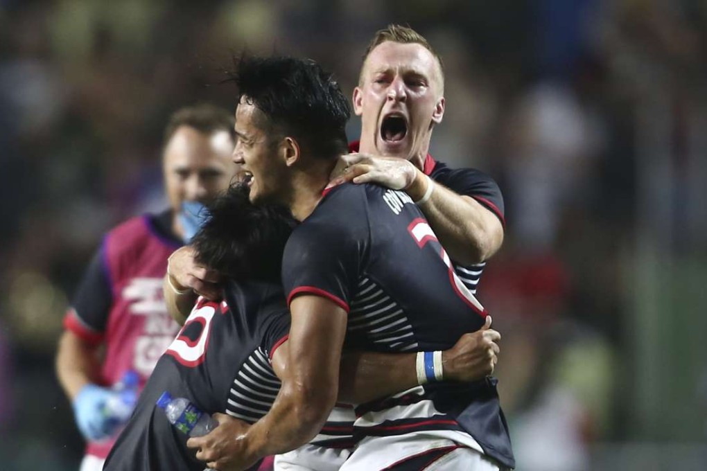 Hong Kong players celebrate after they beat Spain at the 2016 Hong Kong Sevens. Photo: SCMP