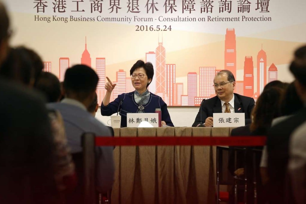 Chief Secretary Carrie Lam and labour minister Matthew Cheung at the forum on retirement protection. Photo: K. Y. Cheng