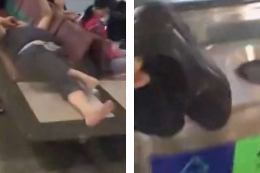 Footage from the video, which went viral on the Chinese mainland, showing a man throwing away the shoes of a barefoot traveller, who slept while taking up three seats in an airport waiting area. Photos: SCMP Pictures